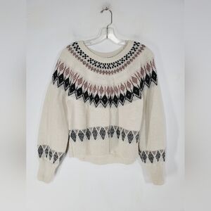 Lucky Brand Cream Fair Isle Crewneck Sweater with Black and Mauve Pattern